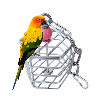 Parrot Stainless Steel Foraging Toy Bird Cage Hanging Chew Toy with Block Inside for African Grey